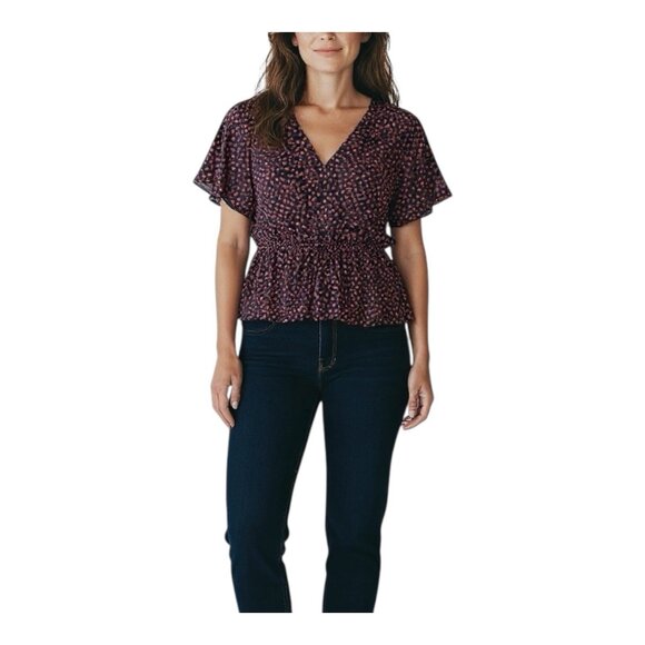 Inclan Studio Red Navy Blouse Top L 100% Cotton Short Sleeves Tie Waist V-Neck - Picture 1 of 8